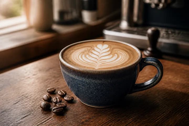 Artisan latte with natural leaf-pattern foam art in a warm cafe