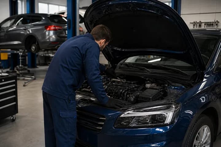 Professional mechanic inspecting a dark blue car in a clean workshop