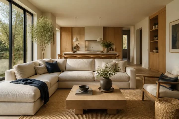 Warm contemporary living room with natural wood and soft daylight
