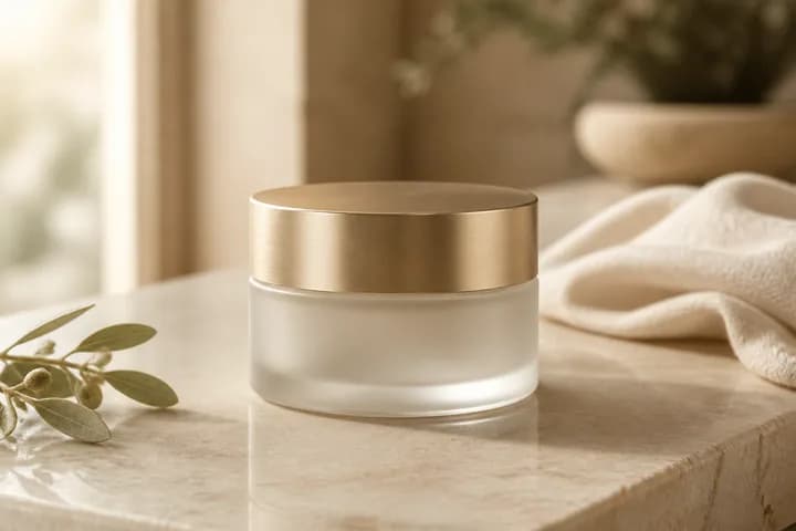 Premium unlabeled skincare jar on a light stone surface
