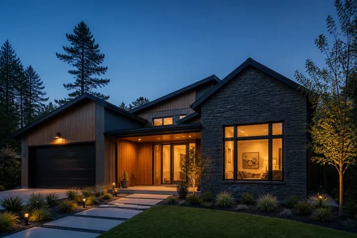 Contemporary detached home photographed at blue hour